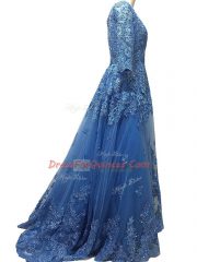 Blue Dress for Prom Tulle Brush Train 3 4 Length Sleeve Lace and Appliques