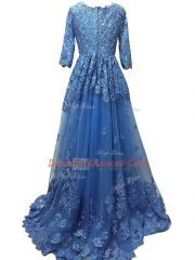 Blue Dress for Prom Tulle Brush Train 3 4 Length Sleeve Lace and Appliques