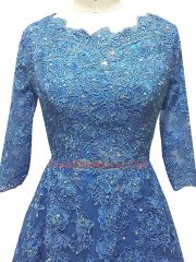 Blue Dress for Prom Tulle Brush Train 3 4 Length Sleeve Lace and Appliques
