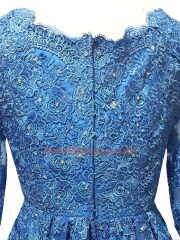 Blue Dress for Prom Tulle Brush Train 3 4 Length Sleeve Lace and Appliques