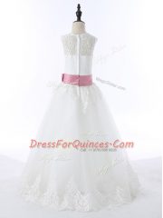 Floor Length White Little Girl Pageant Dress Scoop Sleeveless Zipper