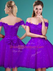 Comfortable Tulle Off The Shoulder Cap Sleeves Lace Up Lace and Belt Court Dresses for Sweet 16 in Eggplant Purple