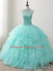Fine Apple Green Sleeveless Organza Lace Up Quinceanera Gown for Military Ball and Sweet 16 and Quinceanera
