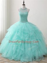Fine Apple Green Sleeveless Organza Lace Up Quinceanera Gown for Military Ball and Sweet 16 and Quinceanera
