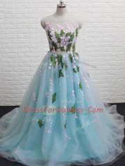 Attractive Aqua Blue Scoop Backless Appliques Prom Evening Gown Brush Train Sleeveless