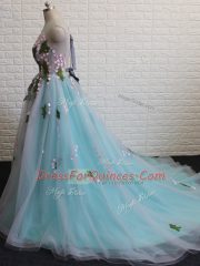 Attractive Aqua Blue Scoop Backless Appliques Prom Evening Gown Brush Train Sleeveless