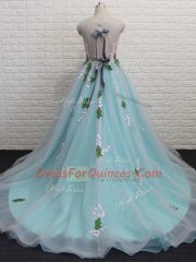 Attractive Aqua Blue Scoop Backless Appliques Prom Evening Gown Brush Train Sleeveless