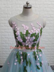 Attractive Aqua Blue Scoop Backless Appliques Prom Evening Gown Brush Train Sleeveless