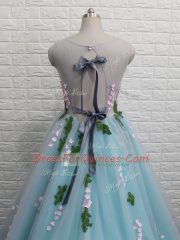 Attractive Aqua Blue Scoop Backless Appliques Prom Evening Gown Brush Train Sleeveless
