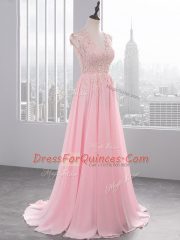 Flirting Side Zipper Evening Dress Baby Pink for Prom and Party with Appliques Brush Train