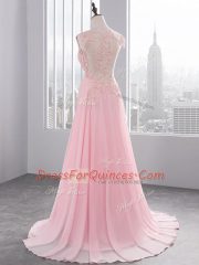 Flirting Side Zipper Evening Dress Baby Pink for Prom and Party with Appliques Brush Train