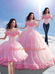 New Arrival Baby Pink Ball Gowns Off The Shoulder Sleeveless Tulle Brush Train Lace Up Hand Made Flower Quinceanera Dresses