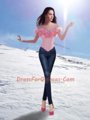 New Arrival Baby Pink Ball Gowns Off The Shoulder Sleeveless Tulle Brush Train Lace Up Hand Made Flower Quinceanera Dresses