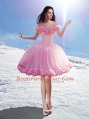 New Arrival Baby Pink Ball Gowns Off The Shoulder Sleeveless Tulle Brush Train Lace Up Hand Made Flower Quinceanera Dresses