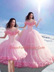New Arrival Baby Pink Ball Gowns Off The Shoulder Sleeveless Tulle Brush Train Lace Up Hand Made Flower Quinceanera Dresses