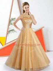 Comfortable A-line Dama Dress for Quinceanera Champagne Bateau Tulle Sleeveless Floor Length Backless