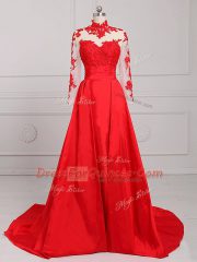 Custom Designed Red Prom Dress Prom and Party and Military Ball with Lace and Appliques High-neck Long Sleeves Brush Train Backless