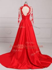 Custom Designed Red Prom Dress Prom and Party and Military Ball with Lace and Appliques High-neck Long Sleeves Brush Train Backless