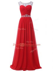 Flirting Floor Length Red Evening Dress Chiffon Sleeveless Beading and Ruching