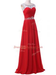 Flirting Floor Length Red Evening Dress Chiffon Sleeveless Beading and Ruching