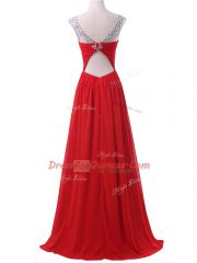 Flirting Floor Length Red Evening Dress Chiffon Sleeveless Beading and Ruching