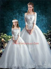 Gorgeous Half Sleeves Lace Clasp Handle Vestidos de Quinceanera with White Court Train