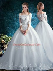 Gorgeous Half Sleeves Lace Clasp Handle Vestidos de Quinceanera with White Court Train