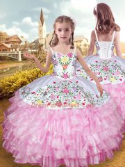 Sweet Organza and Taffeta Straps Sleeveless Lace Up Embroidery and Ruffled Layers Little Girls Pageant Gowns in Rose Pink