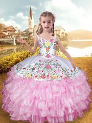 Sweet Organza and Taffeta Straps Sleeveless Lace Up Embroidery and Ruffled Layers Little Girls Pageant Gowns in Rose Pink