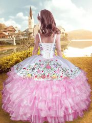 Sweet Organza and Taffeta Straps Sleeveless Lace Up Embroidery and Ruffled Layers Little Girls Pageant Gowns in Rose Pink