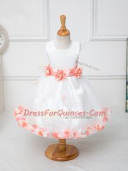 White Sleeveless Appliques and Bowknot and Hand Made Flower Knee Length Toddler Flower Girl Dress