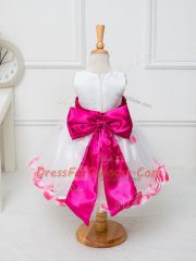 White Sleeveless Appliques and Bowknot and Hand Made Flower Knee Length Toddler Flower Girl Dress