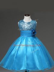 Modern Baby Blue Tulle Zipper Little Girls Pageant Dress Wholesale Sleeveless Knee Length Sequins and Hand Made Flower