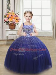 Tulle Straps Sleeveless Lace Up Beading Little Girls Pageant Dress in Royal Blue