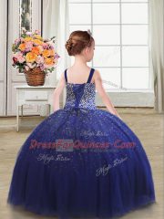 Tulle Straps Sleeveless Lace Up Beading Little Girls Pageant Dress in Royal Blue