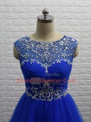 Delicate Beading and Ruching Dress for Prom Royal Blue Zipper Sleeveless Mini Length