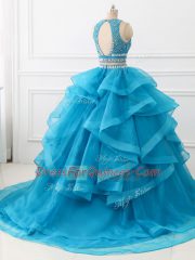 Adorable Tulle Sleeveless Quince Ball Gowns Brush Train and Beading and Ruffles