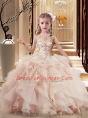 Peach Tulle Lace Up Little Girls Pageant Gowns Sleeveless Brush Train Beading and Ruffles
