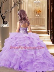 Peach Tulle Lace Up Little Girls Pageant Gowns Sleeveless Brush Train Beading and Ruffles