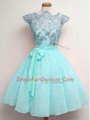 Decent Scalloped Cap Sleeves Lace Up Court Dresses for Sweet 16 Aqua Blue Chiffon