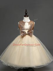 Beautiful Champagne Sleeveless Sequins and Bowknot Tea Length Little Girls Pageant Gowns