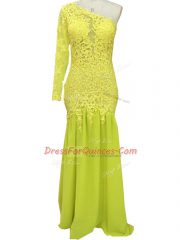 Beauteous Brush Train Column/Sheath Prom Party Dress Yellow One Shoulder Chiffon Long Sleeves Side Zipper
