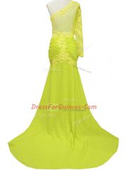 Beauteous Brush Train Column/Sheath Prom Party Dress Yellow One Shoulder Chiffon Long Sleeves Side Zipper