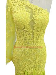 Beauteous Brush Train Column/Sheath Prom Party Dress Yellow One Shoulder Chiffon Long Sleeves Side Zipper