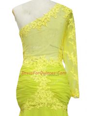 Beauteous Brush Train Column/Sheath Prom Party Dress Yellow One Shoulder Chiffon Long Sleeves Side Zipper