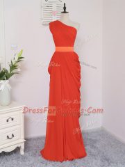 Floor Length Coral Red Quinceanera Court of Honor Dress One Shoulder Sleeveless Zipper