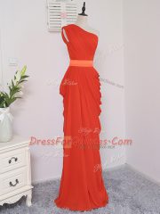 Floor Length Coral Red Quinceanera Court of Honor Dress One Shoulder Sleeveless Zipper