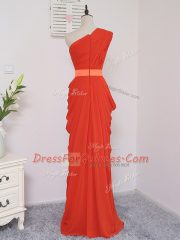 Floor Length Coral Red Quinceanera Court of Honor Dress One Shoulder Sleeveless Zipper