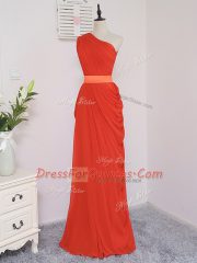 Floor Length Coral Red Quinceanera Court of Honor Dress One Shoulder Sleeveless Zipper