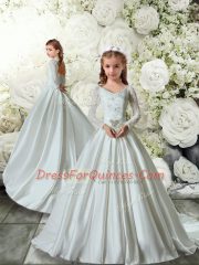Beautiful Long Sleeves Brush Train Lace Clasp Handle Flower Girl Dress